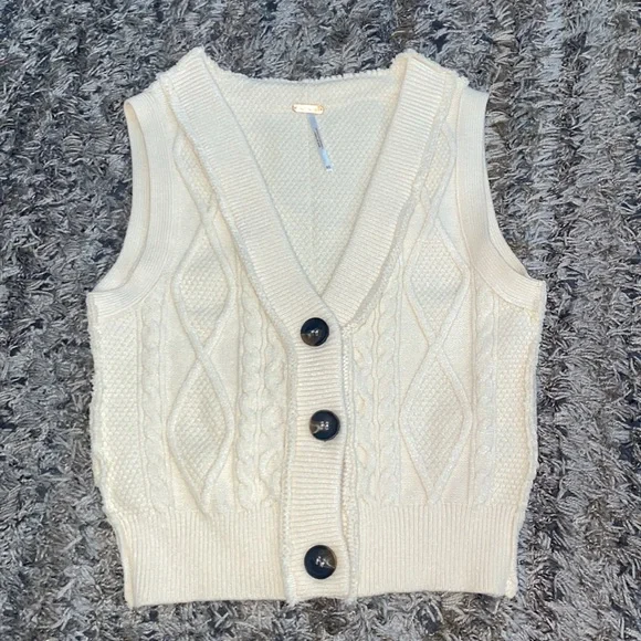 FREE PEOPLE Denson Cream Cable Knit Button-Up sweater vest OB1271731 sz XS - Picture 8 of 9